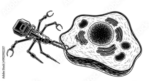Robot Device Interacting with Human Cell Structure in Medical Illustration from a Scientific Viewpoint