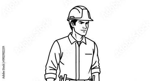 A worker wearing a hard hat standing in a workplace environment viewed from the front