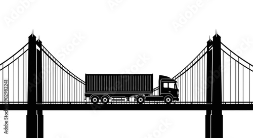 A truck driving across a suspension bridge viewed from the side