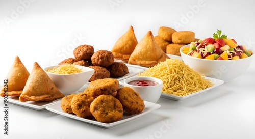 Culinary Variety: A vibrant array of savory snacks, from crispy samosas to flavorful salads, enticing the senses.