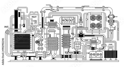Detailed technical drawing of industrial machinery and pipes from an overhead viewpoint