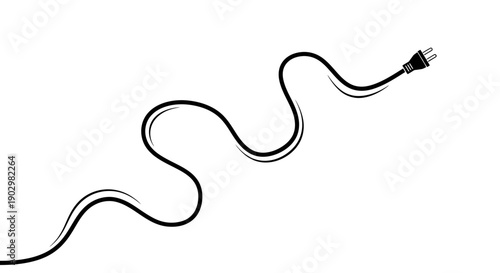 A wavy electric cable with a plug at the end is depicted on a plain white background from a straightforward viewpoint