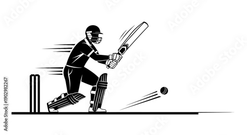 Cricketer hitting a ball with a bat during a match on a cricket field viewed from the side