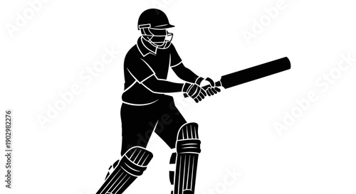 Cricket player in action, batting stance, playing outdoors on a cricket field, illustrated in a dynamic silhouette