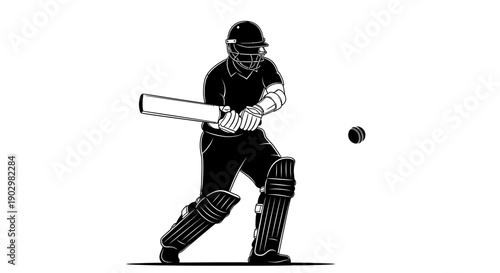 Cricketer in action hitting a ball with a bat on a cricket field from a side viewpoint