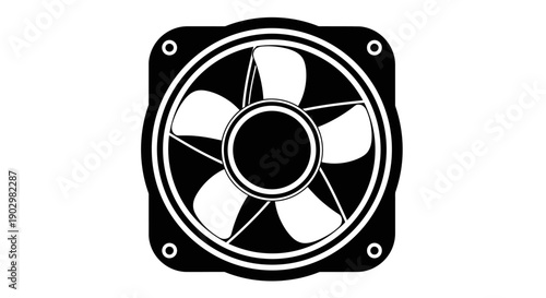 A black and white computer fan illustration viewed from the front showcasing its detailed design and structure
