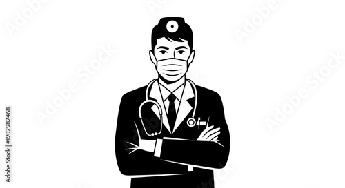 A confident young doctor wearing a face mask and stethoscope stands with arms crossed against a blank background
