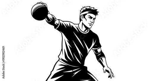 A male athlete throwing a ball with dynamic motion captured in a black and white illustration from a frontal viewpoint