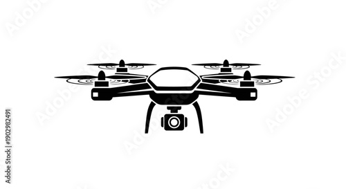 Drone with camera flying over landscape, viewed from the front, aerial photography equipment in action