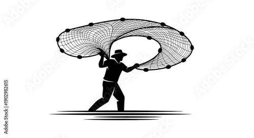 Man carrying large fishing net on shoulder, walking, silhouette illustration