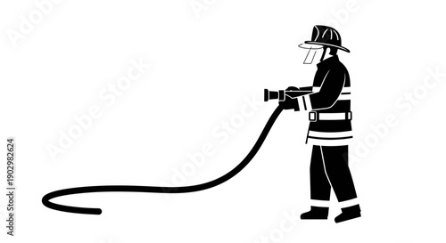 Firefighter in action holding hose, standing, fighting fire, illustration, emergency response scene