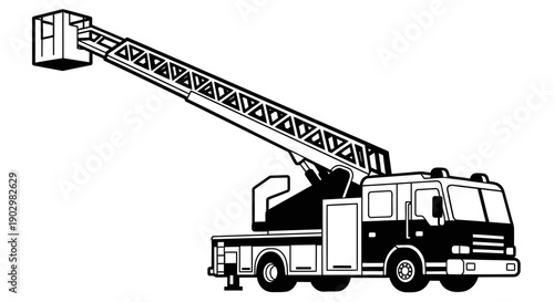 Fire truck with extended ladder, illustration of emergency vehicle in action, side view
