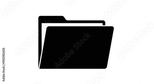 A simple black icon of a folder with papers, symbolizing organization and storage, viewed from the front