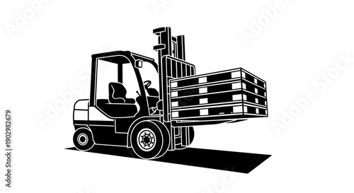 Forklift transporting pallets of goods in a warehouse viewed from the side