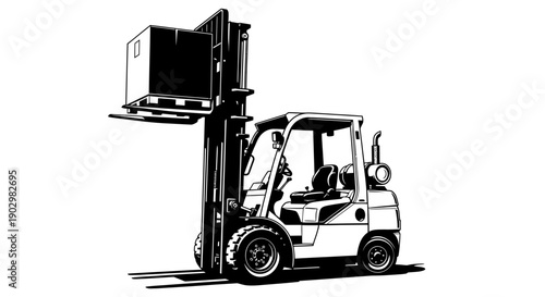 Forklift lifting a large container in a warehouse from a side viewpoint