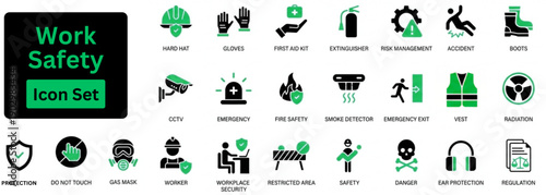 Silhouette vector of Work Safety icon set. Work safety solid icon set. Icon of hard hat, risk management, first aid kit, ear protection, workplace security, CCTV, regulation, safety training, hazard. 