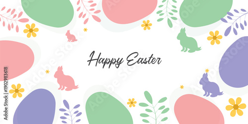 Happy easter banner trendy easter design with Easter bunny, eggs and flowers