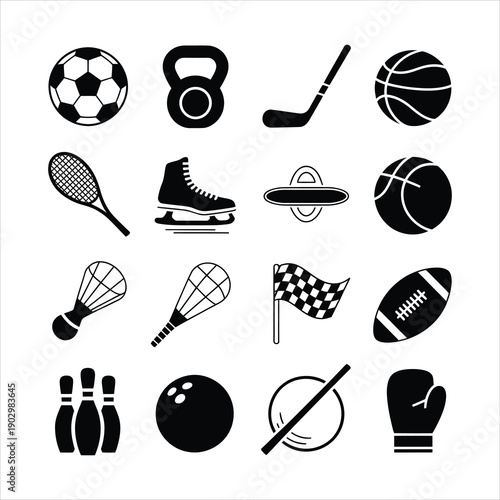 A comprehensive set of black silhouette icons showcasing diverse sports equipment and athletic implements for various games