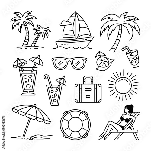 A curated collection of black outline icons depicting essential summer vacation and beach holiday elements