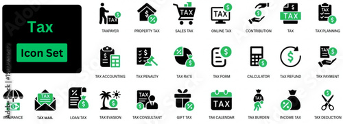 Silhouette vector of Tax icon set. Icon of Tax, accounting, Finance, return, income, form, bank, payment, document, calculating machine, discount, invoice, checklist, report, bill. 