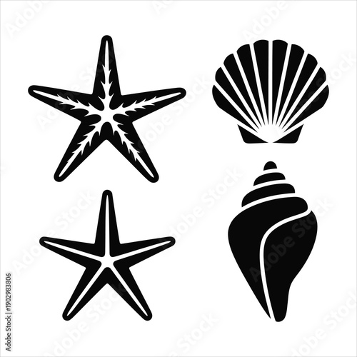 A distinct group of black silhouette icons showcasing starfish and different types of seashells
