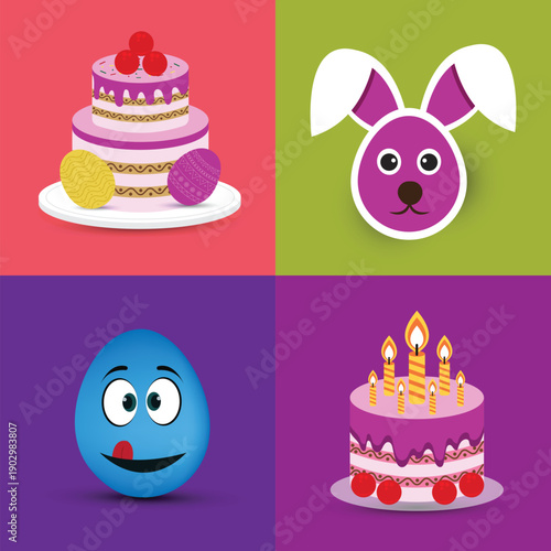 Set of easter greeting card with animals, cakes and eggs