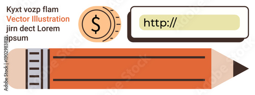 Content creation, online advertising, financial planning, web development, marketing tools, branding strategy. Pencil, coin with a dollar symbol and web link. Content creation and advertising