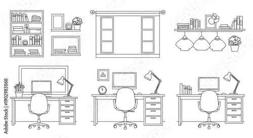 Collection of Hand Drawn Office Desk Setups and Shelving Units.