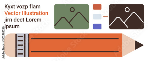 Graphic design, creativity, education, editing, branding, digital media. An orange pencil aligned with image icons and color swatches. Graphic design and creativity concept
