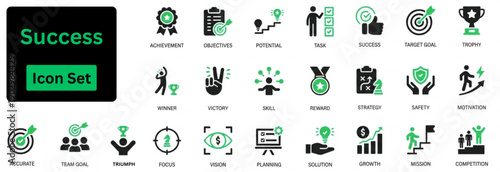Silhouette vector of Success icon set. Success solid icons set. Icon of Success, achievement, successful, strategy, winner, teamwork, goal, brainstorm, challenge and task.