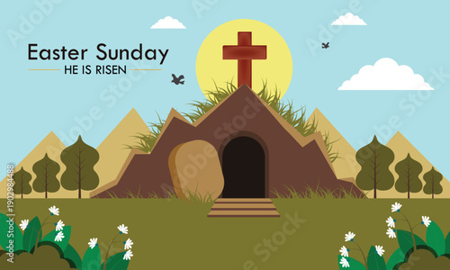 Happy easter sunday illustration of he is risen and celebration background