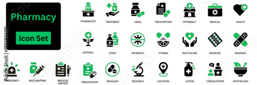 Silhouette vector of Pharmacy icon set. Pharmacy solid icon set. Medicine, bandage, medication, prescription, treatment, health and syringe symbol. 