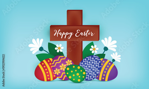 Realistic easter Christian cross composition with colored eggs