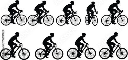 Black Cyclist Silhouette Collection Featuring Road Bike and Mountain Biking Poses for Outdoor Fitness Sport Competition Healthy Lifestyle Activity Vector Illustration Isolated on White Background