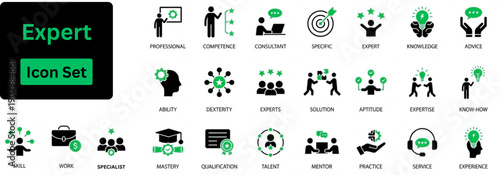 Silhouette vector of Expert icon set. Expert solid icon set. Icon of advice, competence, expertise, knowledge, skill, specialist, experience and more.