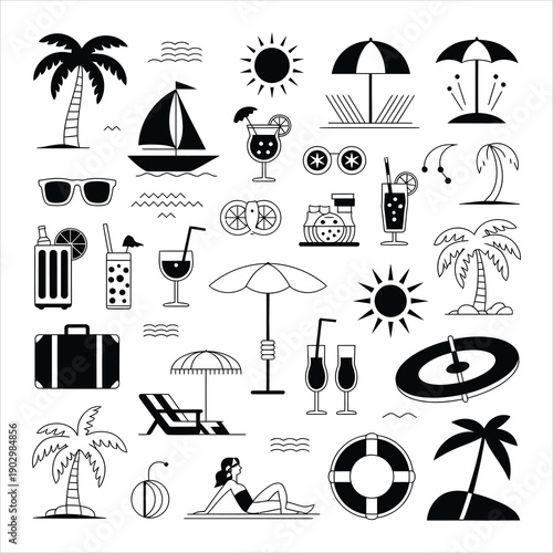 An extensive set of black line and solid icons representing various summer vacation and beach leisure activities