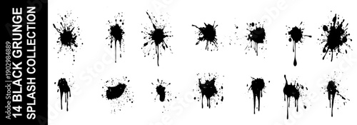 Ink splash with dynamic splatter, grunge abstract paint drop with streaks, splashes, spots, dots, streaks, creative liquid blot design. Isolated. Vector illustration.