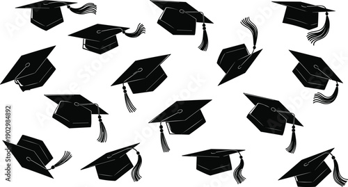 Black Graduation Cap Mortarboard Silhouette Collection Featuring Many Academic Hats Tossing and Flying for University Commencement Achievement Ceremony Vector Illustration Isolated Graphic Art