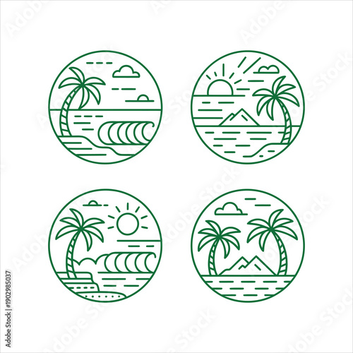 Four green line art illustrations depicting scenic tropical beaches with palm trees and ocean waves