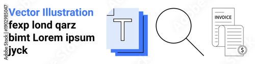 Information retrieval, document management, financial analysis, text editing, data accuracy, corporate tools. Text layers, magnifying glass invoice icon. Information retrieval and document