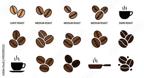 Collection of coffee beans and cups with different roast levels.