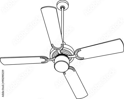 A detailed drawing of a standard ceiling fan with four blades