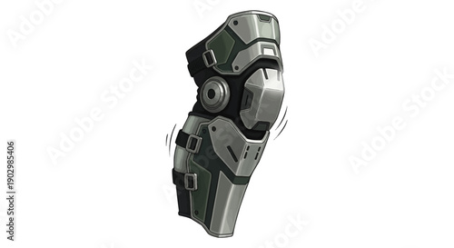 Futuristic Robotic Armored Knee Pad Concept Art with Metallic Silver and Dark Grey Design for