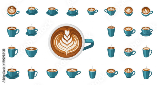 Collection of Coffee Cups and Latte Art.