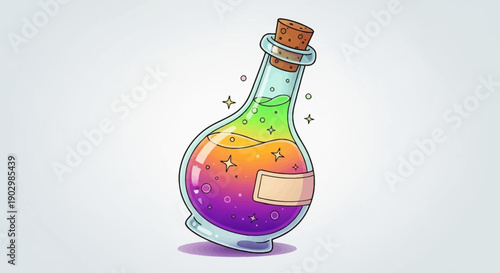 Vibrant magical potion bottle illustration with shimmering liquid and cork stopper design element