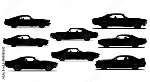 Collection of classic American muscle car silhouettes.