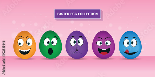 Easter egg collection. color eggs with funny face on gradient background
