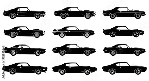 Collection of classic American muscle car silhouettes.