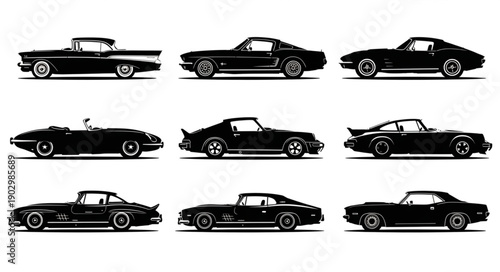 Collection of classic American muscle car silhouettes.