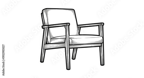 A simple sketch of an armchair with wooden frame and upholstered seat and back.